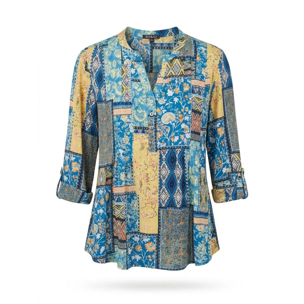 Roz & Ali Plus Size 2X Cobalt Blue Multicolor Patchwork Print 3/4 Sleeve Top